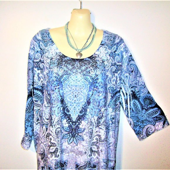 Catherines 0X 16 Blue Paisley Rhinestone Top H390 - Picture 3 of 7